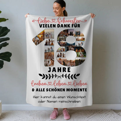 personalisierte decke schwester 18 geburtstag fotos wunschtext Geburtstags Design mit Fotos in Zahlen Vertikal 1