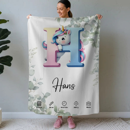 Personalisierte Decke mit Anfangsbuchstaben H und Eukalyptus 1