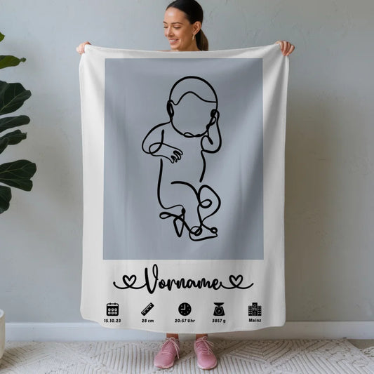 Personalisierte Decke Azurblau Geburt mit Name Geburtsdaten Baby Lineart 1