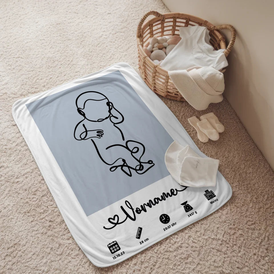 personalisierte decke azurblau geburt mit name geburtsdaten baby lineart 2