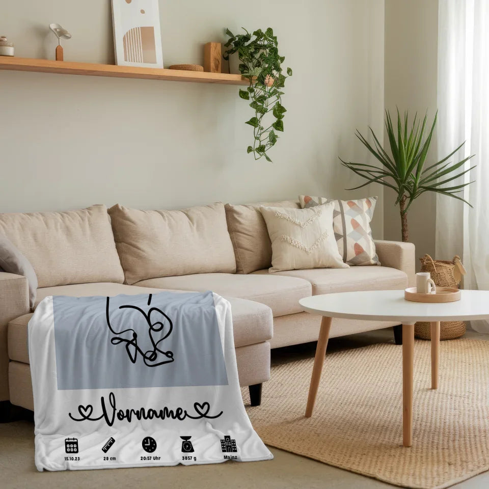 personalisierte decke azurblau geburt mit name geburtsdaten baby lineart 4