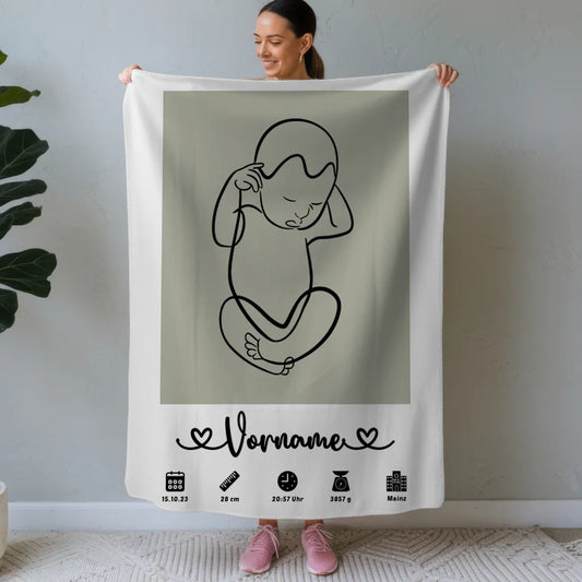 personalisierte geburtsdecke mit geburtsdaten baby lineart grau Geburtsposter Vertikal Geburtsdaten Name Bild 1