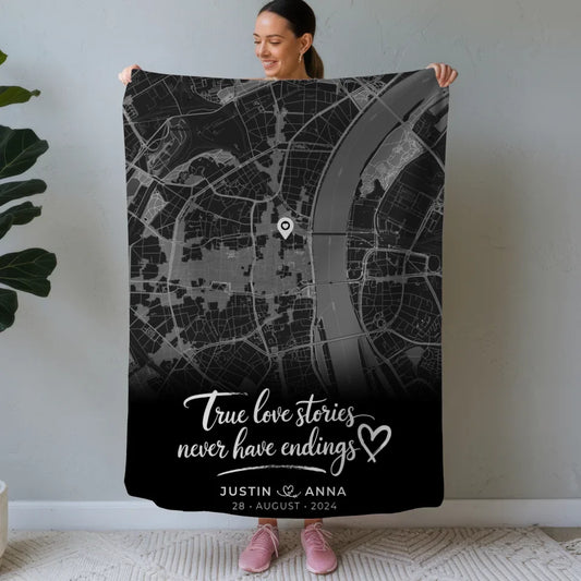 personalisierte decke paare stadtkarte schwarz true love wo alles begann Stadtkarte für Paare 1