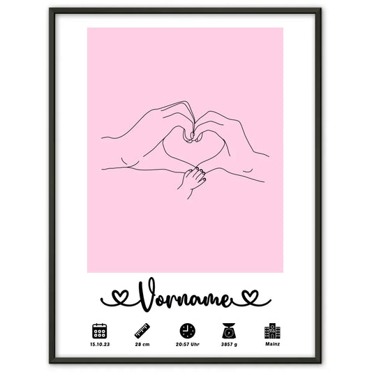 Personalisiertes Geburtsposter Hellrosa mit Geburtsdaten und Hände Lineart 1