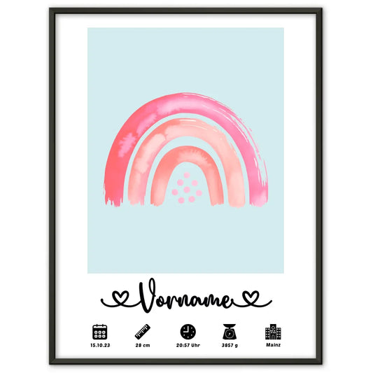 Personalisierte Poster Geburt Regenbogen Rosa Blaugrau für Kinderzimmer 1