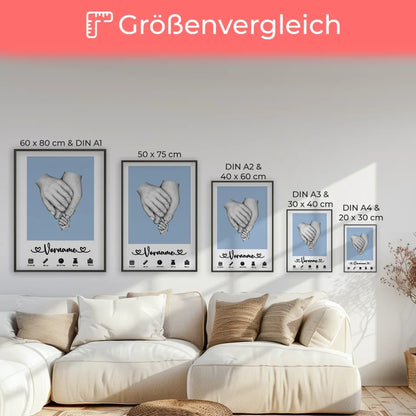 Personalisiertes Poster Geburt Lichtblau mit Geburtsdaten und Händen