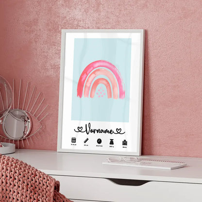 Personalisierte Poster Geburt Regenbogen Rosa Blaugrau für Kinderzimmer