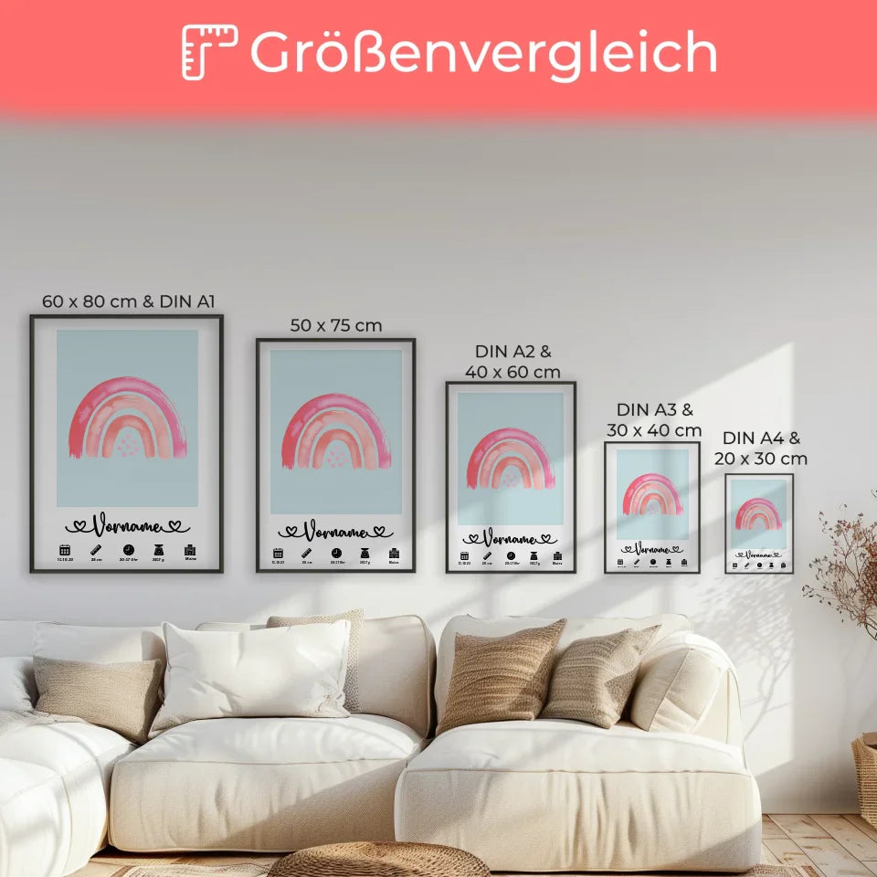 Personalisierte Poster Geburt Regenbogen Rosa Blaugrau für Kinderzimmer