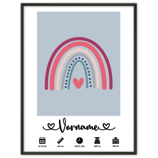 Personalisierte Poster Geburt Regenbogen Azurblau für Kinderzimmer 1