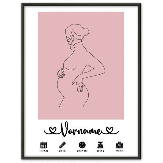 Personalisiertes Geburtsposter Altrosa mit Geburtsdaten Lineart Schwanger 1