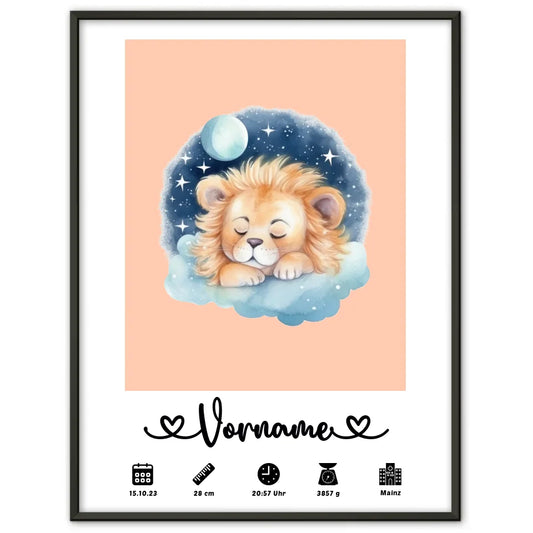 Geburtsposter Personalisiert Löwen Baby mit Name Beigerot für Kinderzimmer 1