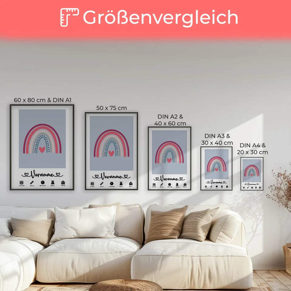 Personalisierte Poster Geburt Regenbogen Azurblau für Kinderzimmer