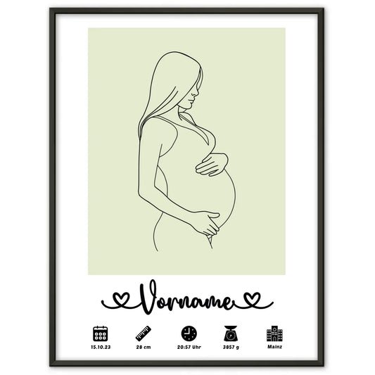 Personalisiertes Poster Geburt mit Geburtsdaten Lineart Schwanger Grünweiß 1
