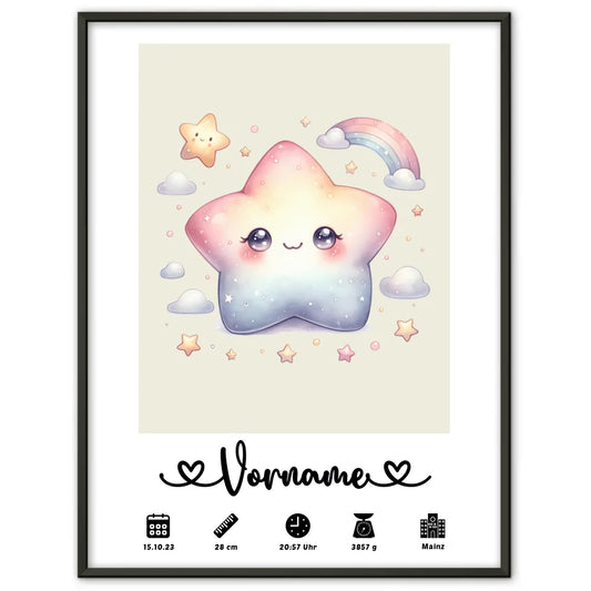 Personalisierte Poster Geburt Stern Sweet Cremeweiß für Kinderzimmer 1