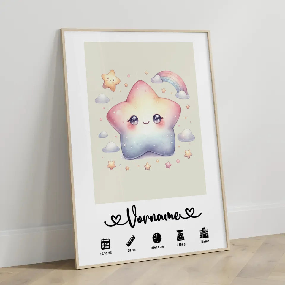 Personalisierte Poster Geburt Stern Sweet Cremeweiß für Kinderzimmer