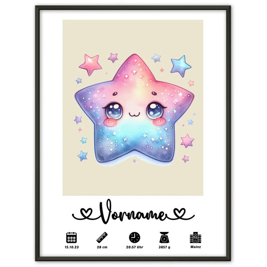 Personalisiertes Geburtsposter Stern Sweet Bunt Perlweiß mit Geburtsdaten 1