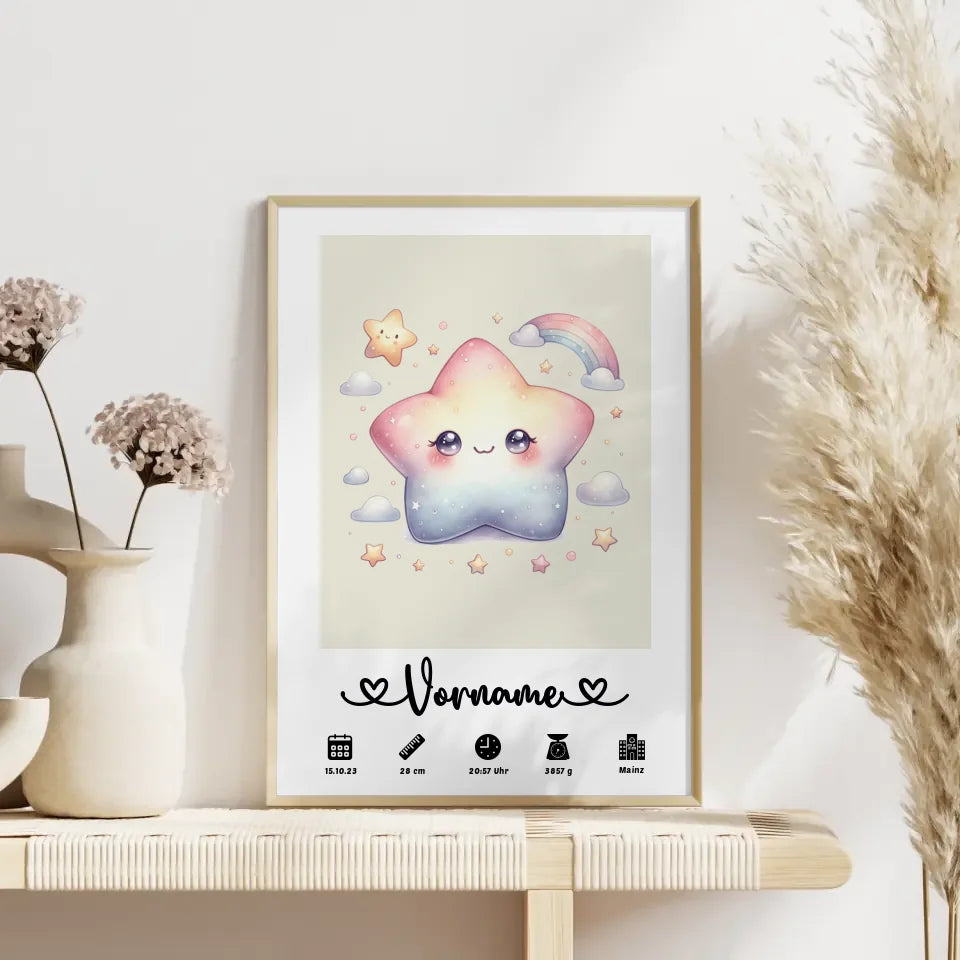 Personalisierte Poster Geburt Stern Sweet Cremeweiß für Kinderzimmer