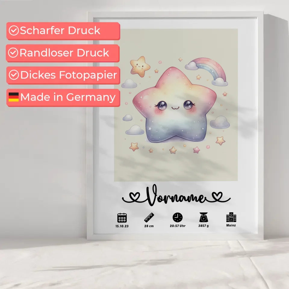 Personalisierte Poster Geburt Stern Sweet Cremeweiß für Kinderzimmer