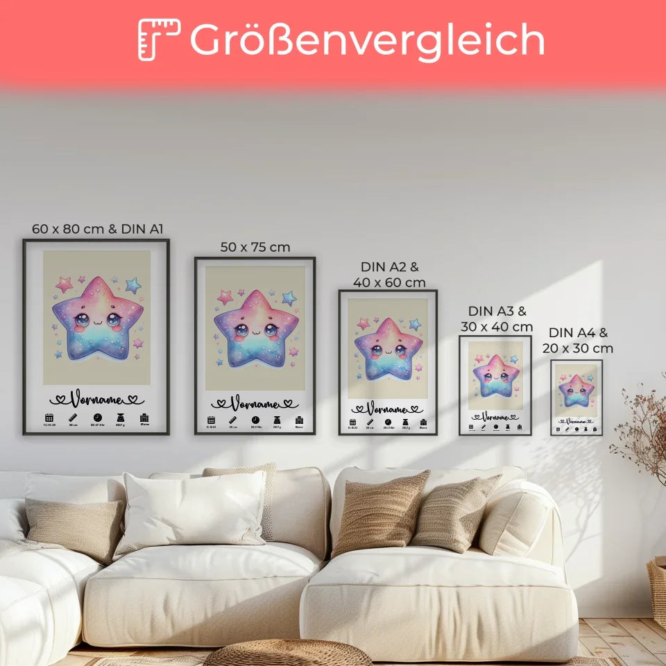 Personalisiertes Geburtsposter Stern Sweet Bunt Perlweiß mit Geburtsdaten