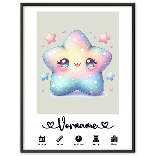 Geburtsposter Personalisiert mit Geburtsdaten Sternchen Grauweiß für Kinderzimmer 1