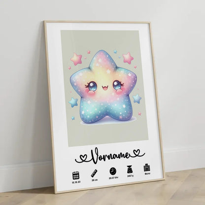 Geburtsposter Personalisiert mit Geburtsdaten Sternchen Grauweiß für Kinderzimmer 3