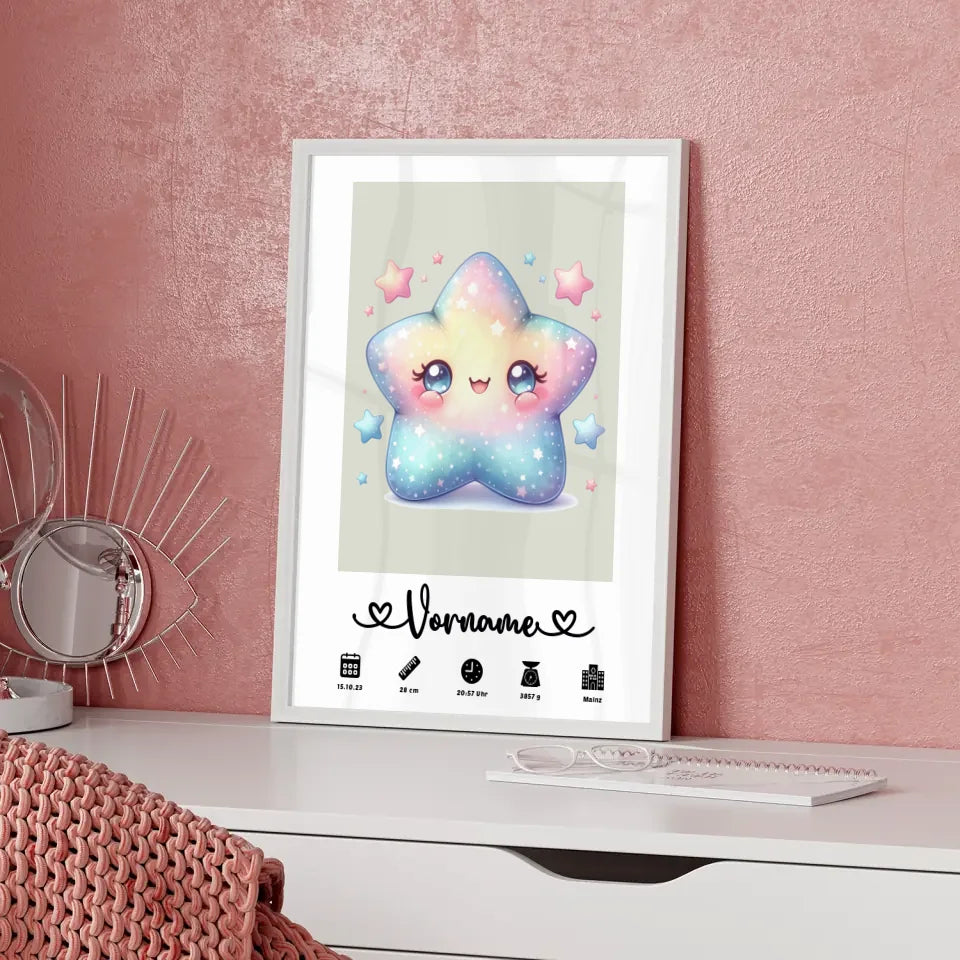 Geburtsposter Personalisiert mit Geburtsdaten Sternchen Grauweiß für Kinderzimmer 5