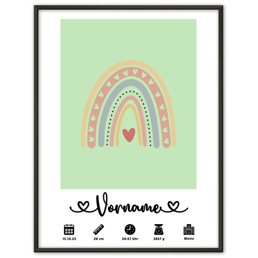 Personalisiertes Poster Geburt mit Namen Regenbogen Herz Weißgrün 1