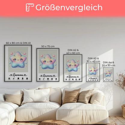 Geburtsposter Personalisiert mit Geburtsdaten Sternchen Grauweiß für Kinderzimmer