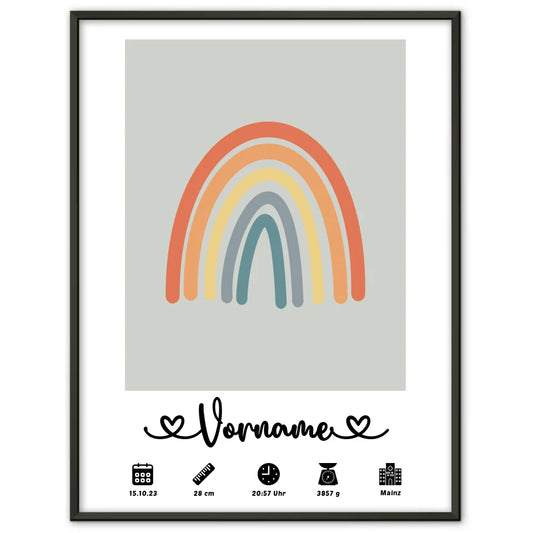 Personalisierte Poster Geburt Regenbogen Bunt Papyrusweiß für Kinderzimmer 1