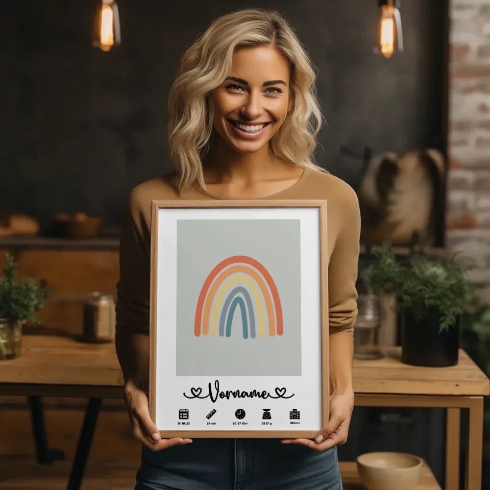 Personalisierte Poster Geburt Regenbogen Bunt Papyrusweiß für Kinderzimmer