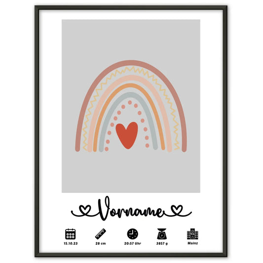 Personalisierte Geburtsposter mit Geburtsdaten Regenbogen Boho Telegrau 1
