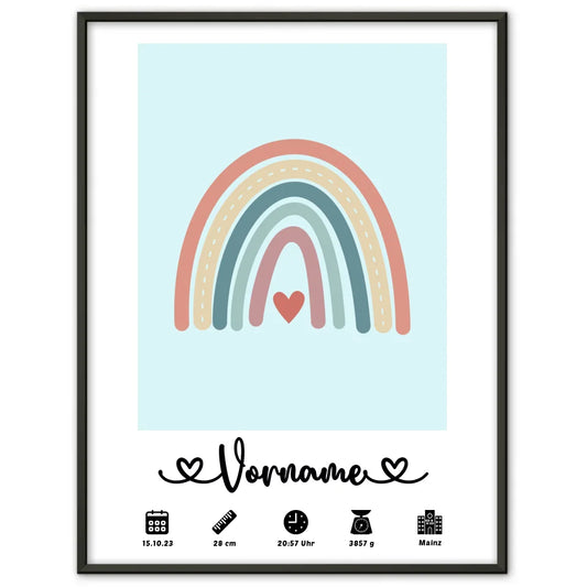Geburtsposter Personalisiert mit Geburtsdaten Regenbogen Vintage Pastellblau 1