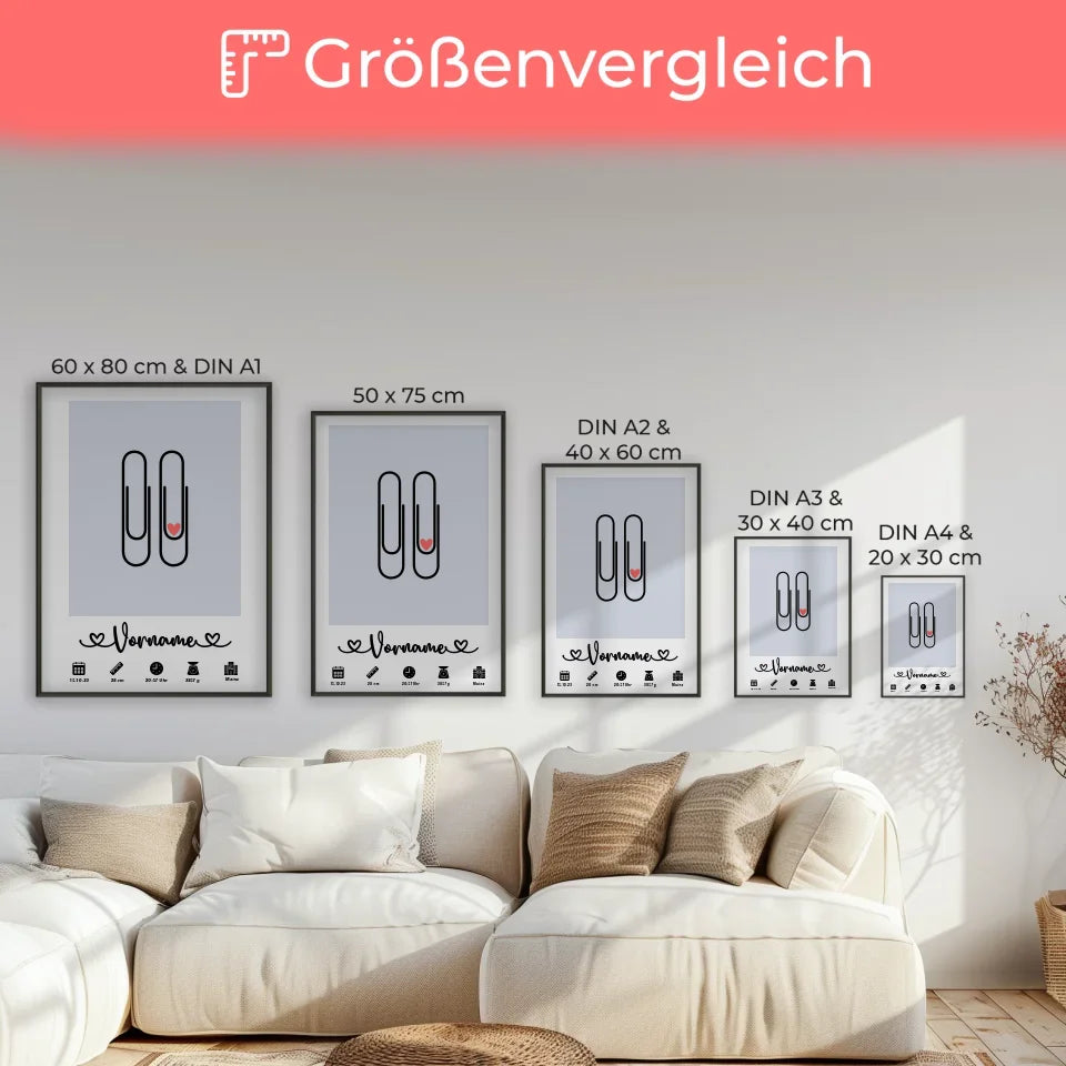 Personalisiertes Poster Geburt Capriblau mit Klammern für Kinderzimmer