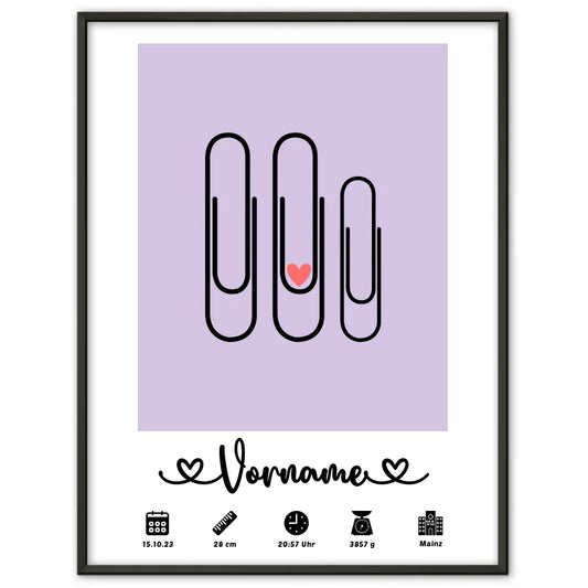 Personalisierte Geburtsposter mit Geburtsdaten Klammern Flieder für Kinderzimmer 1