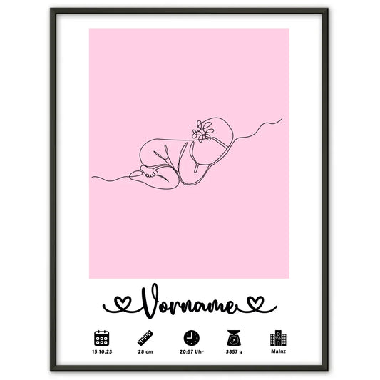 Personalisierte Poster Geburt Baby Schläft Lineart Hellrosa Kinderzimmer 1