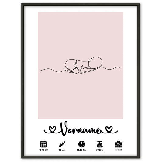 Personalisiertes Geburtsposter mit Geburtsdaten Baby Lineart Rotviolett 1