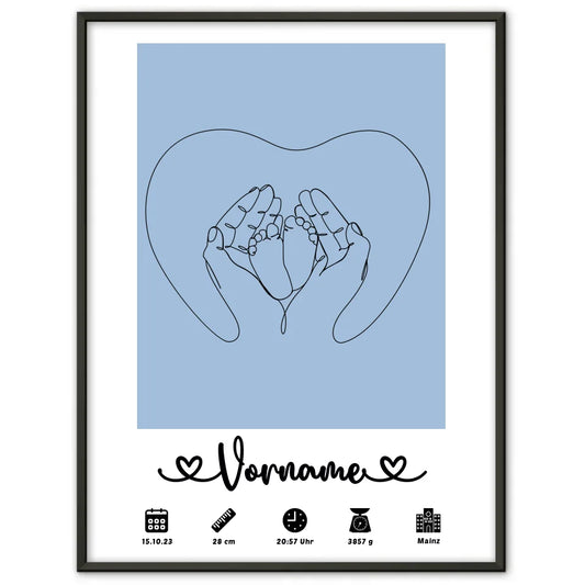 Geburtsposter Personalisiert mit Geburtsdaten Babyfüße Lineart Lichtblau 1
