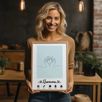 Personalisiertes Poster Geburt mit Geburtsdaten Babyfüße Lineart Blaugrau