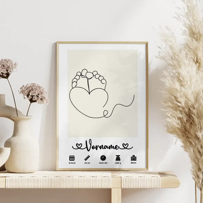 Personalisiertes Poster Geburt Babyfüße Herz Beige für das Kinderzimmer