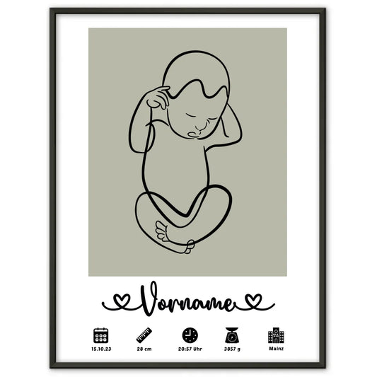 Personalisierte Geburtsposter mit Geburtsdaten Baby Lineart Grau mit Name 1