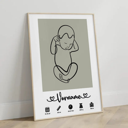 Personalisierte Geburtsposter mit Geburtsdaten Baby Lineart Grau mit Name