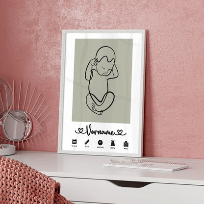 Personalisierte Geburtsposter mit Geburtsdaten Baby Lineart Grau mit Name