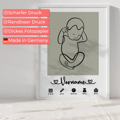 Personalisierte Geburtsposter mit Geburtsdaten Baby Lineart Grau mit Name