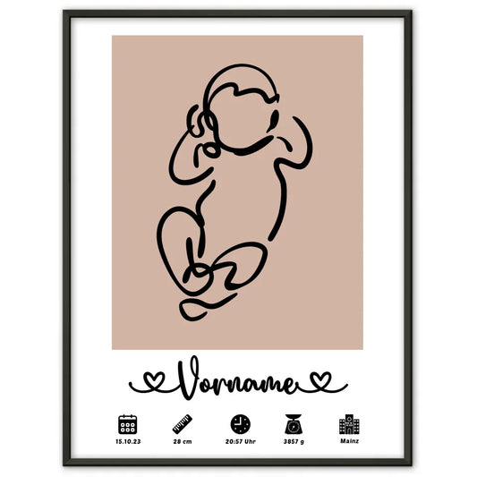 Geburtsposter Personalisiert mit Geburtsdaten Baby Lineart Altrosa Kinderzimmer 1
