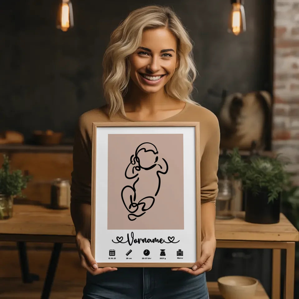 Geburtsposter Personalisiert mit Geburtsdaten Baby Lineart Altrosa Kinderzimmer