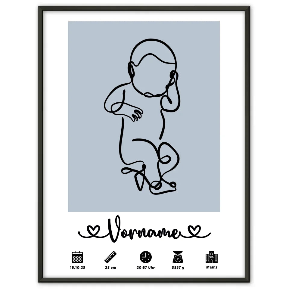 Personalisiertes Poster Geburt mit Geburtsdaten Baby Lineart Azurblau