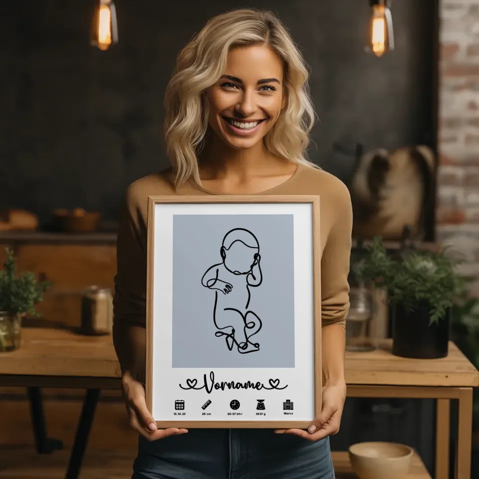 Personalisiertes Poster Geburt mit Geburtsdaten Baby Lineart Azurblau