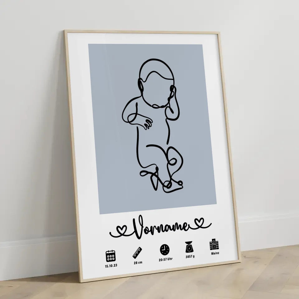 Personalisiertes Poster Geburt mit Geburtsdaten Baby Lineart Azurblau