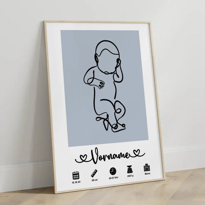 Personalisiertes Poster Geburt mit Geburtsdaten Baby Lineart Azurblau