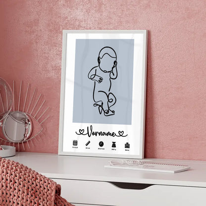 Personalisiertes Poster Geburt mit Geburtsdaten Baby Lineart Azurblau